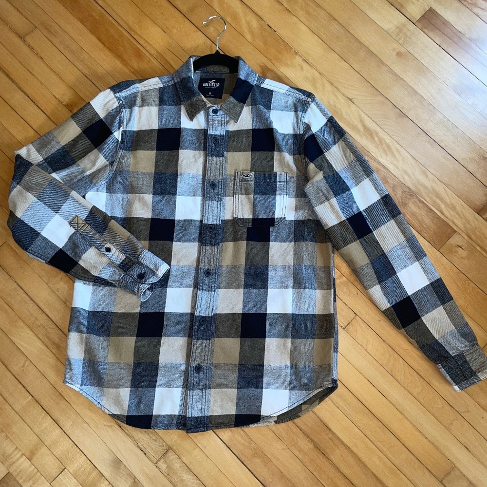 Hollister Flannel Button Front Shirt Neutral Buffalo Plaid Cotton Cabin Gorpcore
